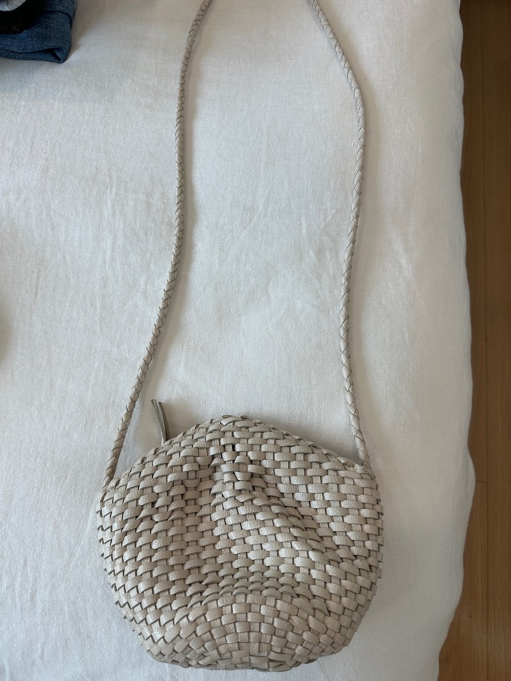 Cleobella Woven Round Crossbody Bag in Beige